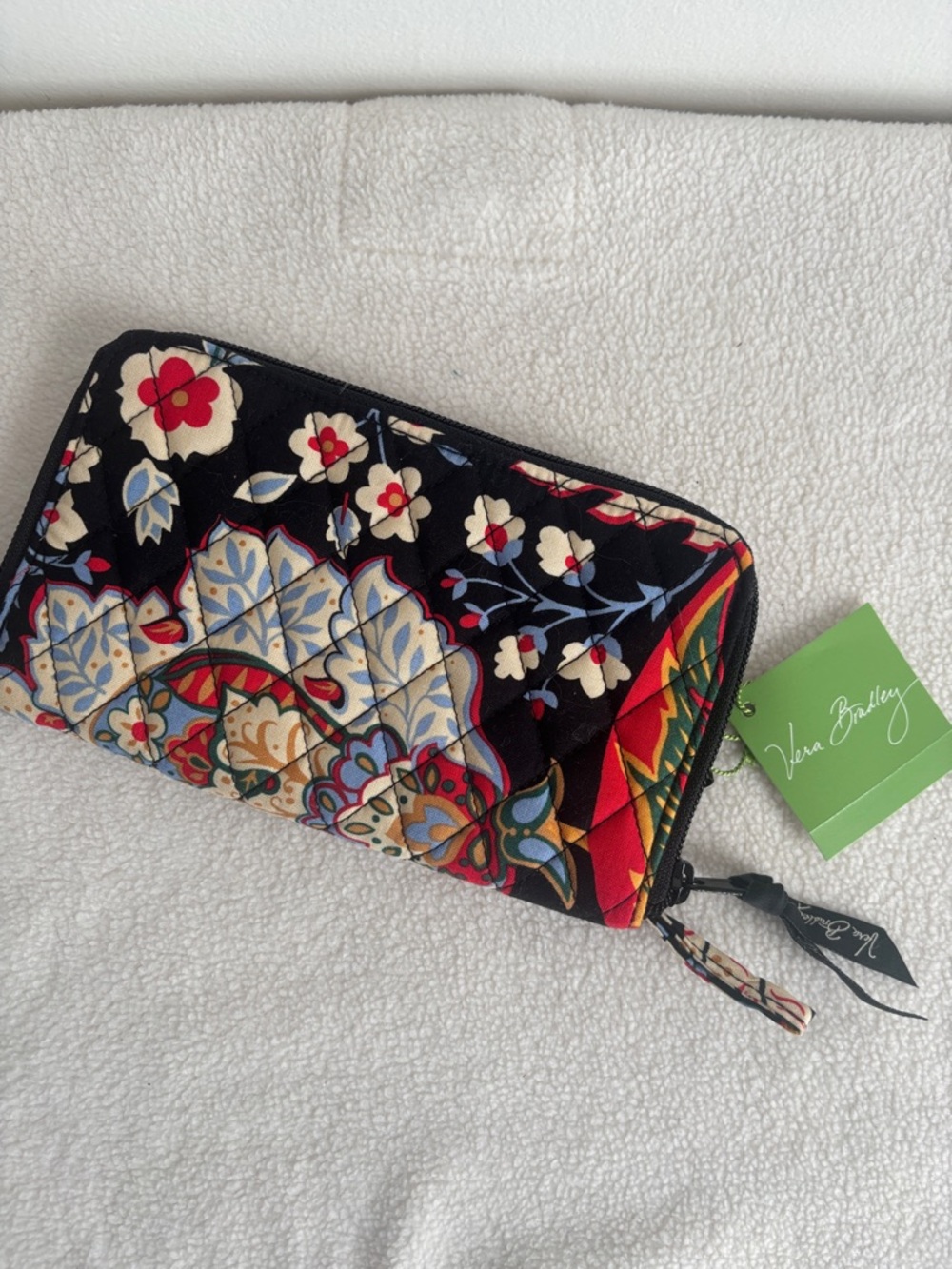 Vera Bradley Black Floral Quilted Zip-Around Wallet with Multicolor Print